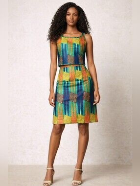 Legend & Song Kente Print, Dutch Wax Sleeveless Crop Top & A-Line Skirt, size 2